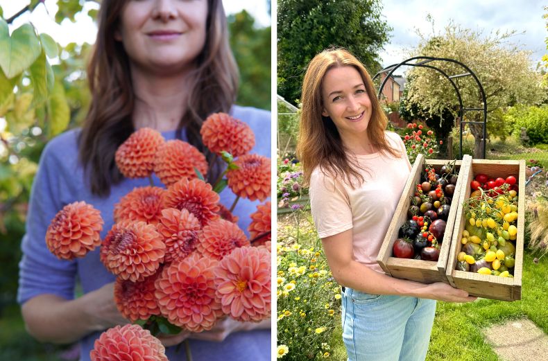 Γυναίκα που κρατάει dahlias και οικιακές ντομάτες